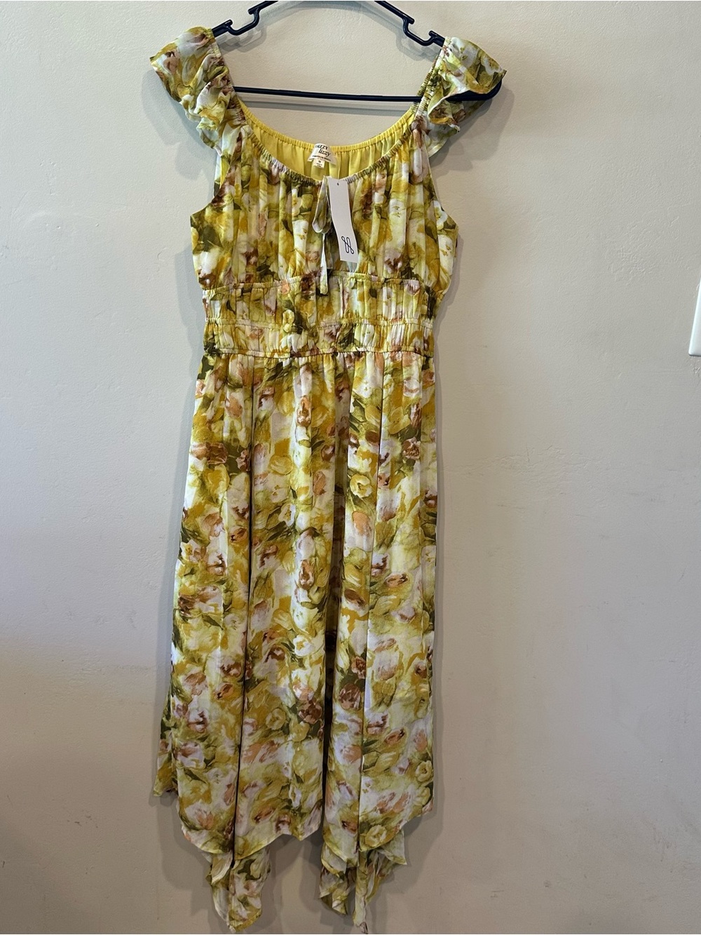 Dizzy lizzy Women’s M Yellow Floral Chiffon Midi Sundress Smocked Ruffle